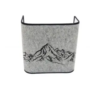Voici une description courte et claire pour votre site web : **Écran mural 20x20 cm** avec coins arrondis et broderie noire motif montagnes. Disponible également en 25x25 cm. **Douille E27 fournie** avec l'équerre. Ampoule LED non fournie.