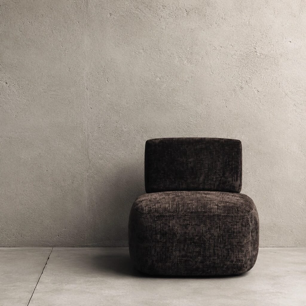 Fauteuil Bino en velours chocolat dans une ambiance minérale