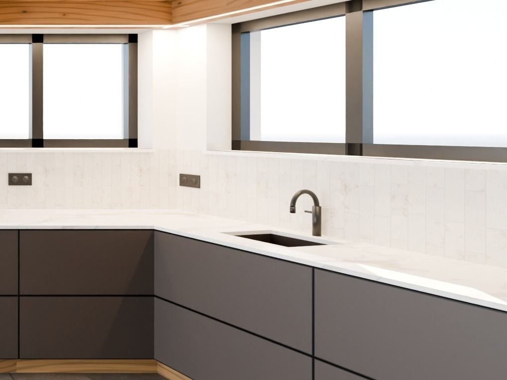 Ambiance III · plan Calacatta oro et crédence en zellige blanc