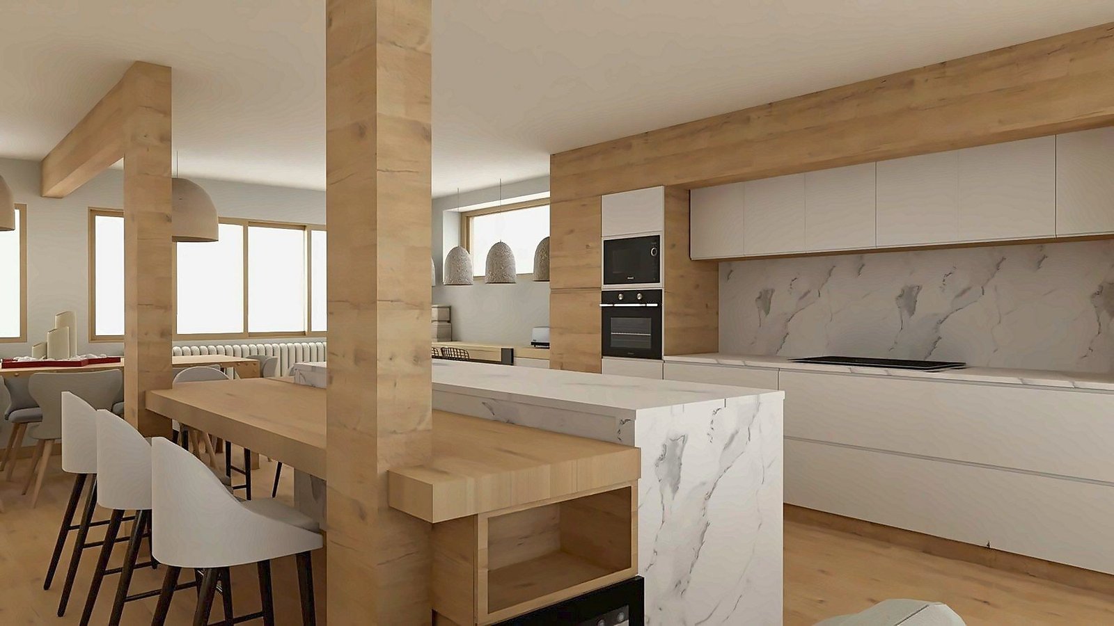 Rendu 3D : le bar ouvert sur le salon